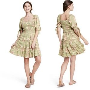 Agua Bendita Target Romantic Green Sage  Pink Floral Puff Sleeve Mini Dress M